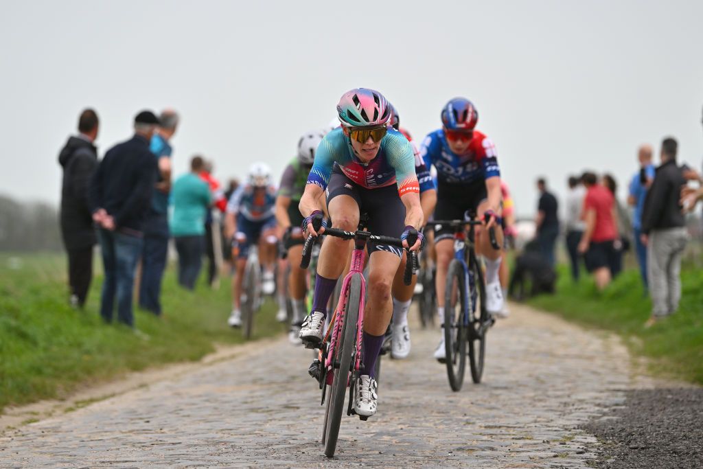 ROUBAIX FRANCE APRIL 06 Tiffany Cromwell of Australia and Team CanyonSRAM Racing competes passing through the Mons en Pevele cobblestones sector during the 4th ParisRoubaix Femmes 2024 a 1485km one day race from Denain to Roubaix on UCIWWT April 06 2024 in Roubaix France Photo by Luc ClaessenGetty Images