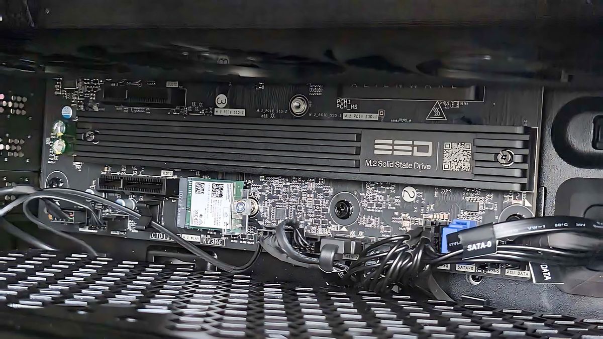A closeup of the larger SSD inside the Alienware Area-51 Gaming Desktop (2025).