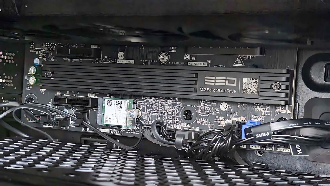 A closeup of the larger SSD inside the Alienware Area-51 Gaming Desktop (2025).
