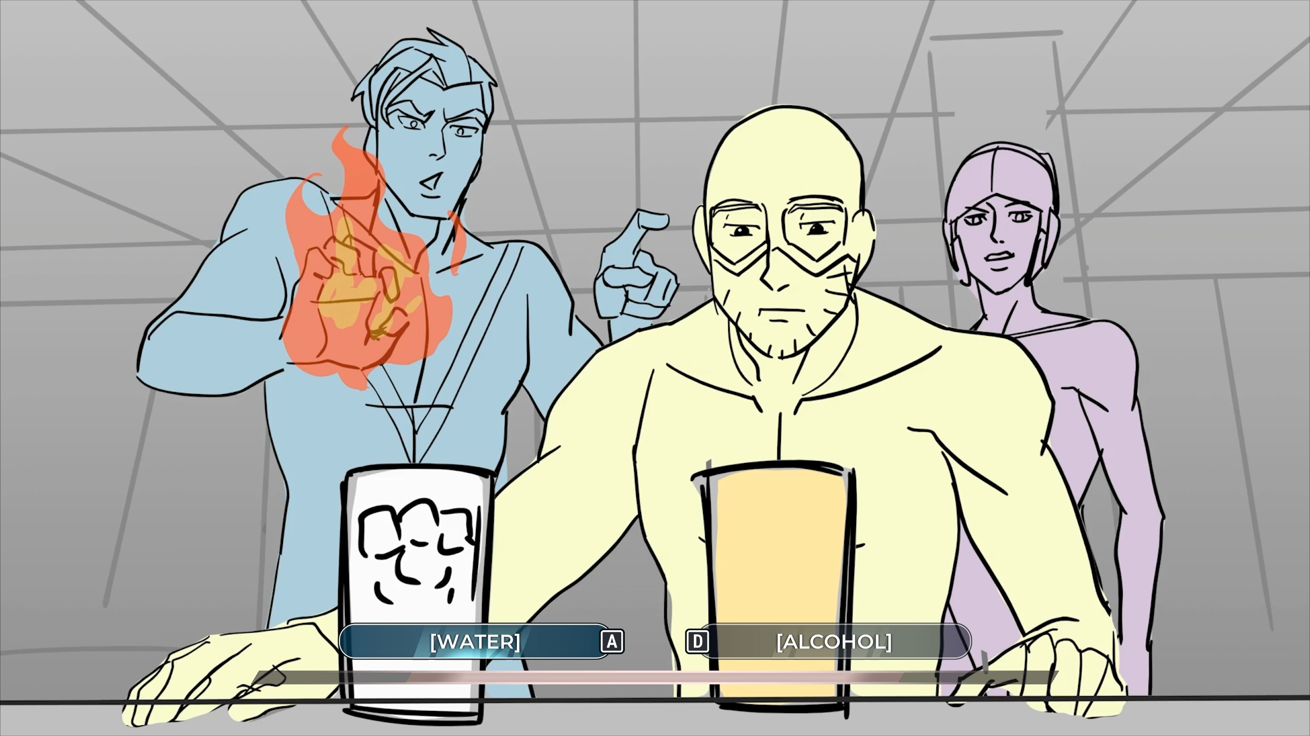 Telas de storyboards do jogo Dispatch mostrando pessoas à mesa bebendo, com fogo nas mãos de um homem