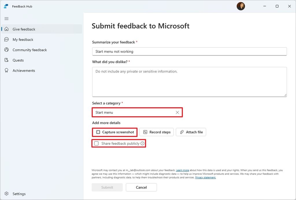 Submit feedback template