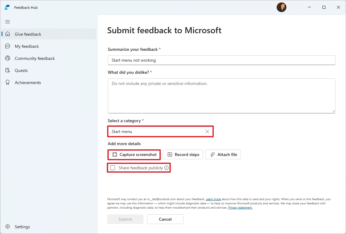 Submit feedback template