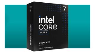 An image of the retail packaging for the Intel Core Ultra 7 265KF processor, against a teal background with a white border.