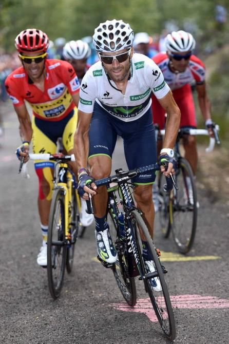 Alejandro Valverde (Movistar) is followed up the climb by race leader Alberto Contador (Tinkoff-Saxo)