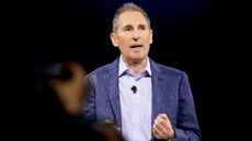 Amazon CEO Andy Jassy pictured speaking on stage during a company event in New York City, USA.