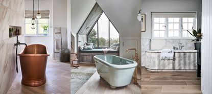 Buying a bath, copper bath in bathroom with tiled dividing wall, large bathroom with vaulted ceiling and window | marble built in fluted bath
