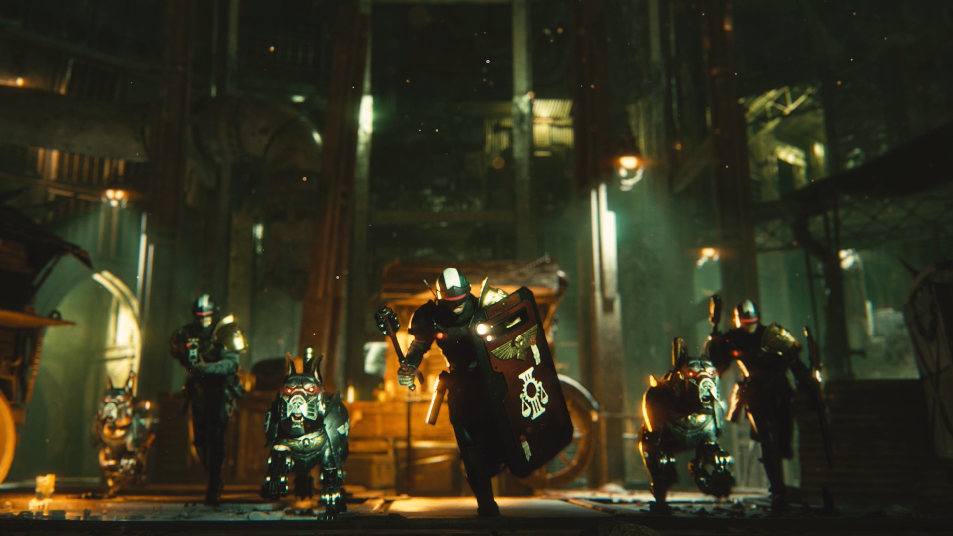 Promotional screenshot of the Arbites charging into battle in Warhammer 40,000: Darktide