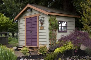 garden area with wooden shed and purple door