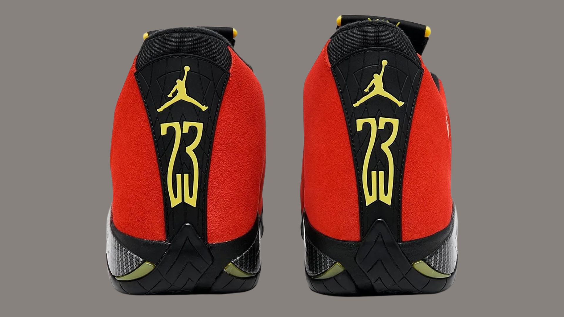 The 2025 edition of the Ferrari Air Jordan 14 from different angles, including a birdseye view and from behind