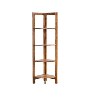 A brown wooden corner bookshelf