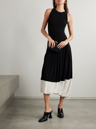 Asymmetric Two-Tone Gathered Stretch-Jersey Midi Dress