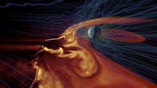 Vast swathes of orange/brown waves swirl around Earth's magnetic field illustrated with blue lines. 