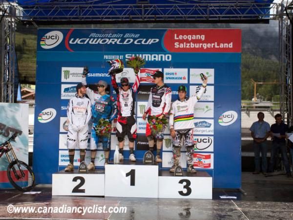 Men's podium (l to r) Steve Smith, Gee Atherton, Aaron Gwin Greg Minnaar, Sam Hill