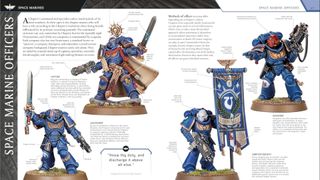 Warhammer 40K The Ultimate Guide interior pages with models, text, and annotations across its length