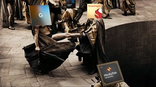 Google Tensor kicking the Qualcomm Snapdragon down the hole while Exynos and MediaTek look on