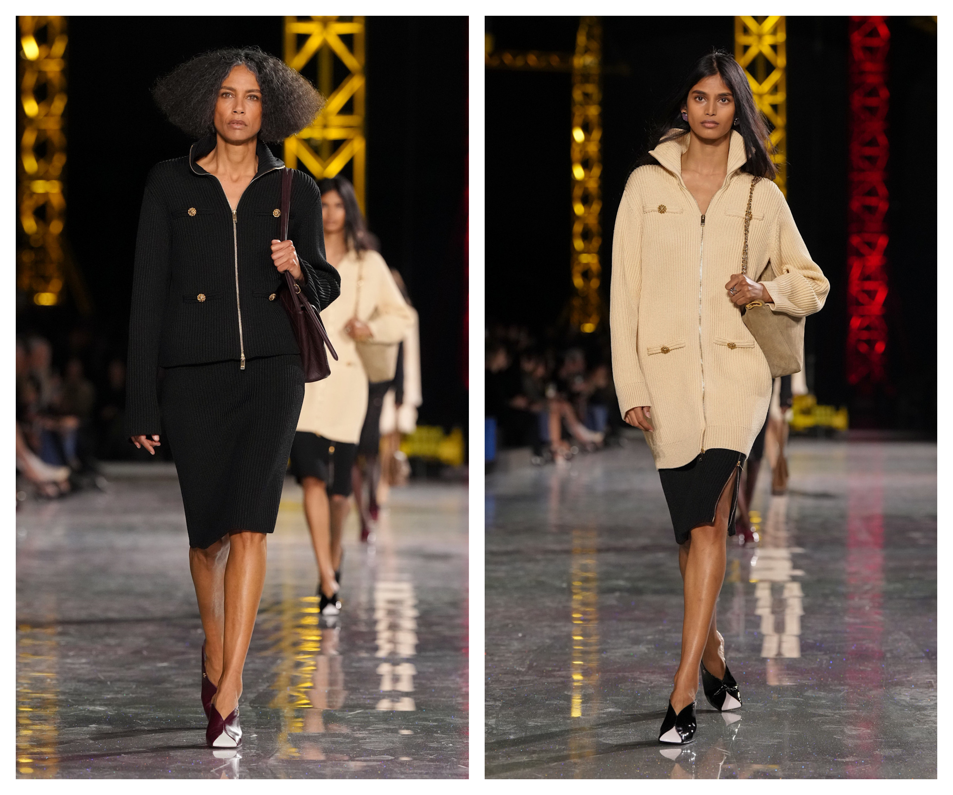 two models on the Chanel Fall 2026 runway wearing zip-up jackets