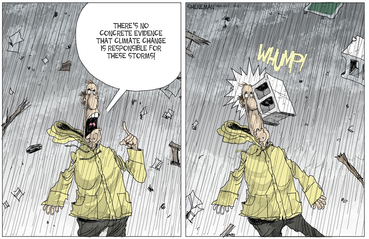 Political cartoon U.S. hurricanes climate change deniers