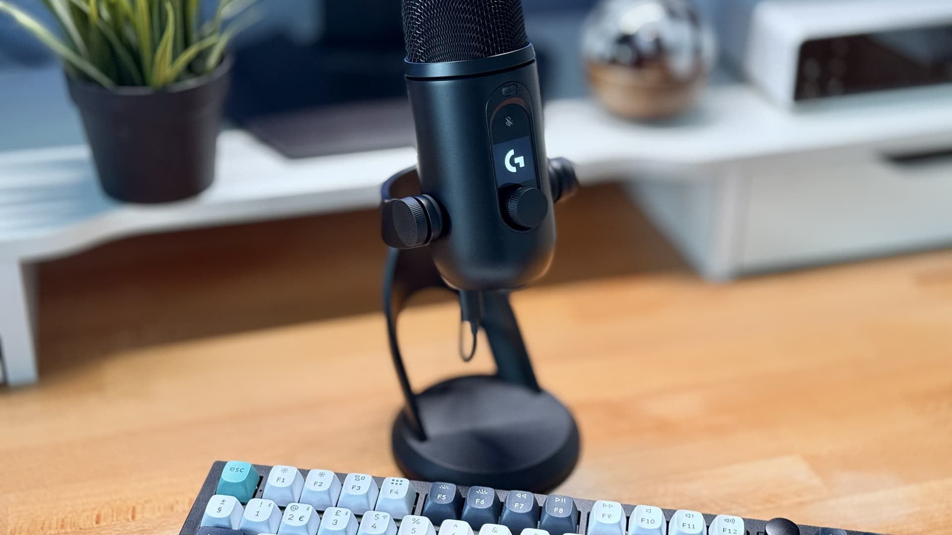 The Logitech Yeti 2 microphone on a desk.