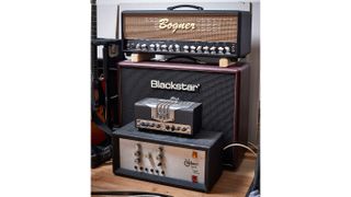 Bogner Ecstasy, 1970s Selmer Treble ‘n’ Bass 50 SV (part of the post solid-state ‘Selmer Valve’ range of amps) and Mesa Transatlantic TA-15 amps heads with a Blackstar Artisan 212 2x12 speaker cab