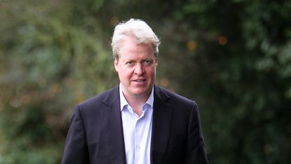 Charles, Earl Spencer leaves St. Mary's Church, Cowes, after speaking at the Isle of Wight Literary Festival