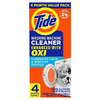 An orange cardboard box of Tide Washing Machine Cleaner With Oxi Powder with blue text and image of a sparkling washing machine