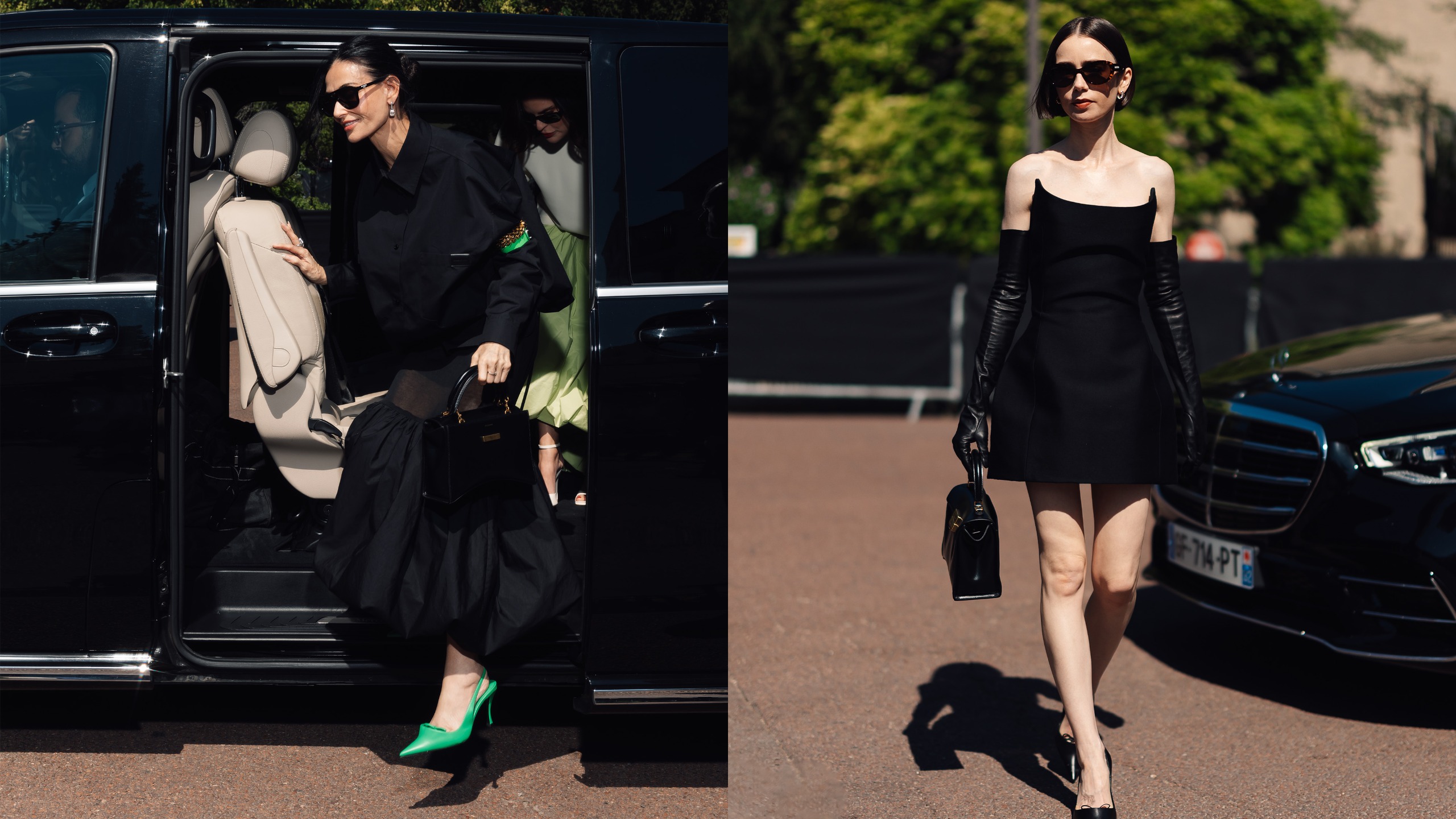 demi moore and lily collins wear balenciaga's hourglass avenue bag.