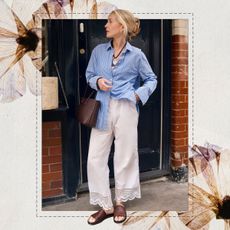 woman wearing blue striped button down and lace trim pants