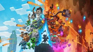 Key art for Minecraft Legends, showing the hero's allied army of villagers, skeletons, and creepers against the massed Piglin forces.