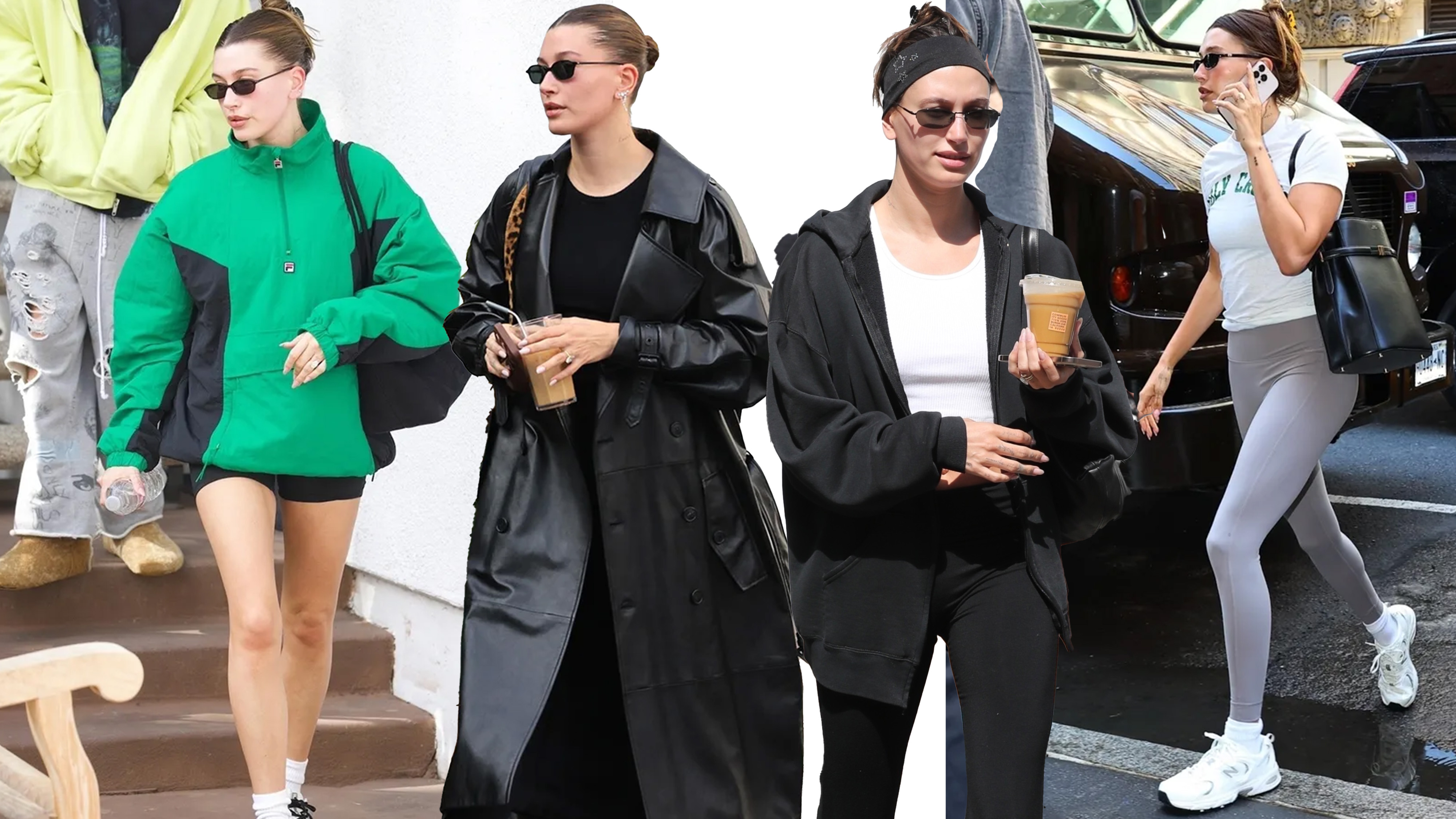 A collage of Hailey Bieber wearing four different outfits for pilates.