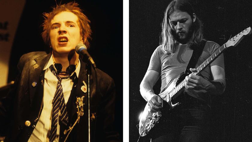 A composite photograph of Sex Pistols’ Johnny Rotten and Pink Floyd’s David Gilmour performing onstage