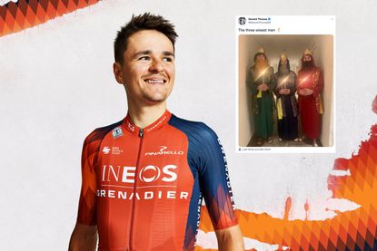 Tom Pidcock in Ineos Grenadiers kit with a tweet from Geraint Thomas saying 'three wisest men' 