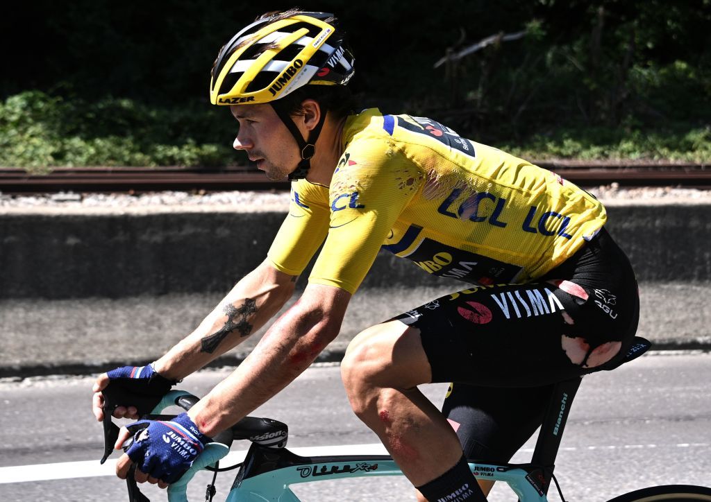 Primoz Roglic crashed hard during stage 4 of the Criterium du Dauphine