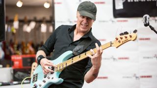 Bassist Billy Sheehan performs bass clinic and Q&A sponsored by Yamaha at Pitbull Audio on October 21, 2016 in National City, California. 