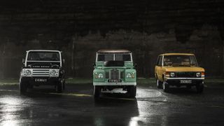 Everrati Electric drive classics: Land Rover Defender (left), Land Rover Series IIA (centre), Range Rover Classic (right)