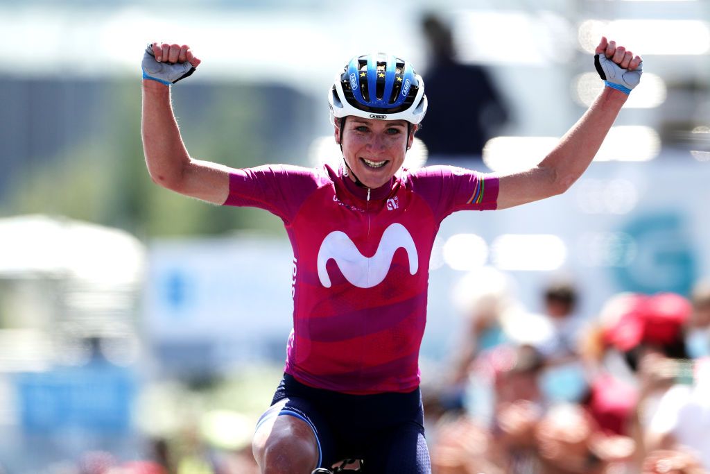 PEREIRO DE AGUIAR SPAIN SEPTEMBER 04 Annemiek Van Vleuten of Netherlands and Movistar Team celebrates winning during the 7th Ceratizit Challenge By La Vuelta 2021 Stage 3 a 1079km stage from Estacin de Montaa de Manzaneda to Pereiro de Aguiar ChallengeVuelta CERATIZITChallenge21 on September 04 2021 in Pereiro de Aguiar Spain Photo by Gonzalo Arroyo MorenoGetty Images