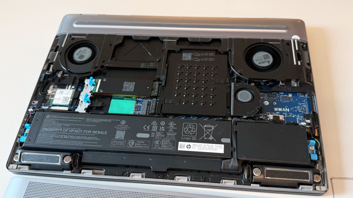 The inside of the HP ZBook Fury 16 G1i chassis, showing the easy upgrade slots for RAM, SSD, and battery replacement.