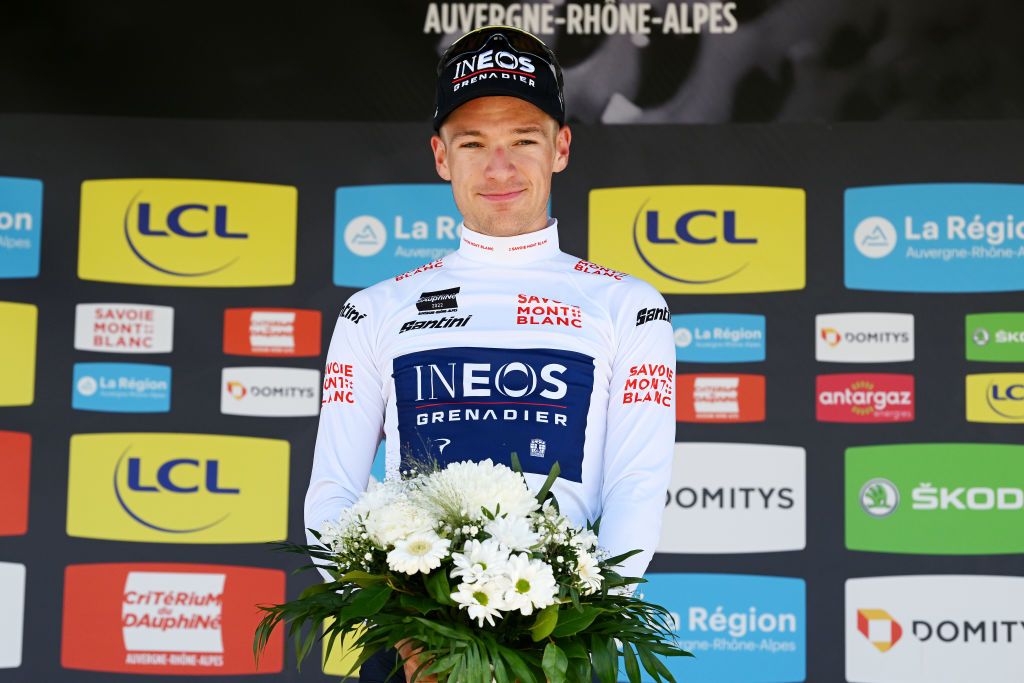 CHAINTRE FRANCE JUNE 09 Ethan Hayter of United Kingdom and Team INEOS Grenadiers celebrates winning the White Best Young Rider Jersey on the podium ceremony after the 74th Criterium du Dauphine 2022 Stage 5 a 1623km stage from ThizylesBourgs to Chaintr WorldTour Dauphin on June 09 2022 in Chaintre France Photo by Dario BelingheriGetty Images