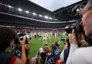 Ellen White of England celebrates with the UEFA Women’s EURO 2022 Trophy after their side’s victory during the UEFA Women's Euro 2022 final match