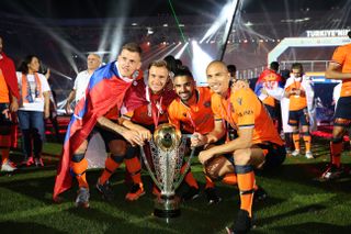 Istanbul Basaksehir players celebrate their Turkish Super Lig title in July 2020.