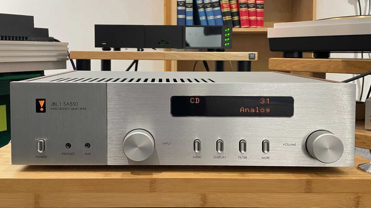 JBL SA550 integrated amplifier on wooden hi-fi rack in What Hi-Fi? test room