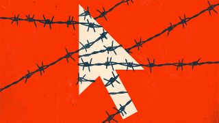 Web cursor wrapped in barbed wire on red background