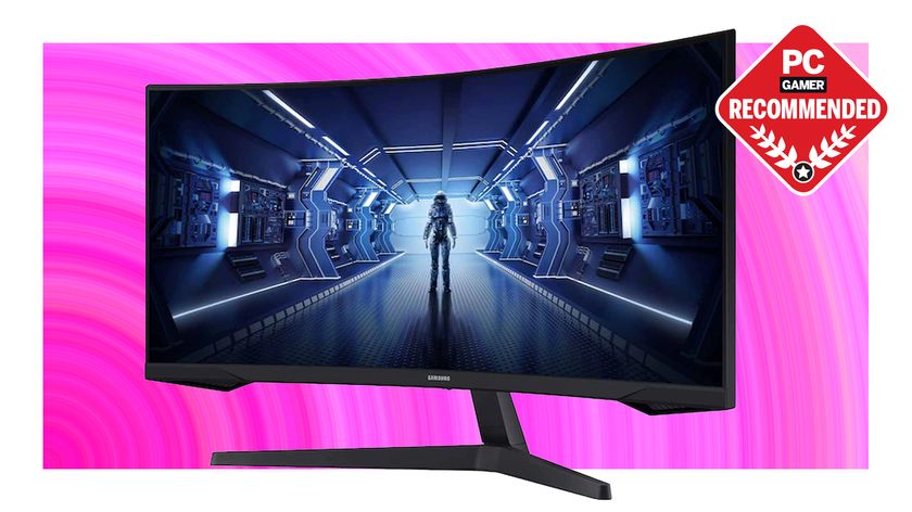 Samsung gaming monitor on a pink background with the PC Gamer Recommends logo in the top right.