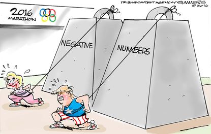 Political cartoon U.S. Hillary Clinton Donald Trump negative polling numbers Rio Olympics