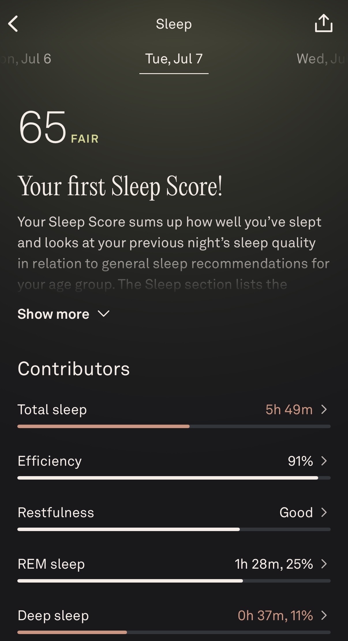 WWW associate beauty editor Alyssa Brascia's sleep score on her Oura Ring from June 7, 2026.