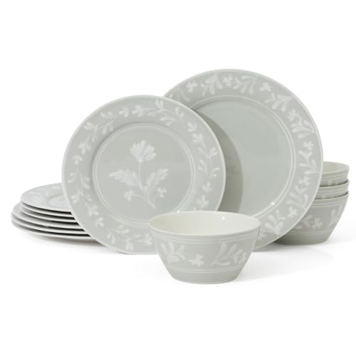 Martha Stewart Maiden Crown 12-Piece Sage Green Dinnerware Set &amp;ndash; Vegan Bone China Ceramic Plates &amp;amp; Bowls &amp;ndash; Floral Design &amp;ndash; Service for 4 &amp;ndash; Microwave &amp;amp; Dishwasher Safe
