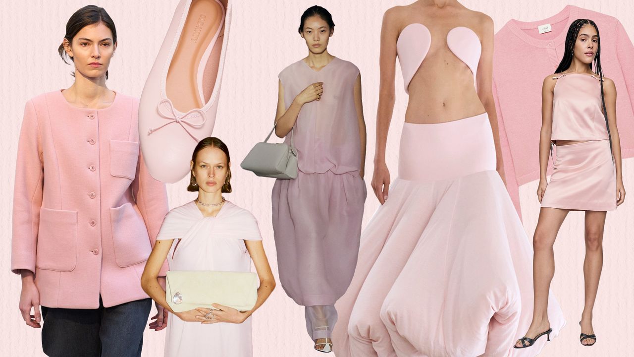 Collage of pastel pink and powder pink fashion items and runway imagery.