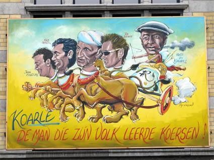 Cycling artist Filip Cardoen's work on the wall of the Wielermuseum in Roeselare.