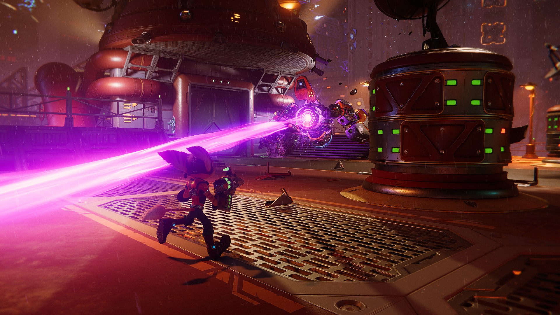 Ratchet dodging a laser beam fired by an enemy robot in Ratchet & Clank: Rift Apart.