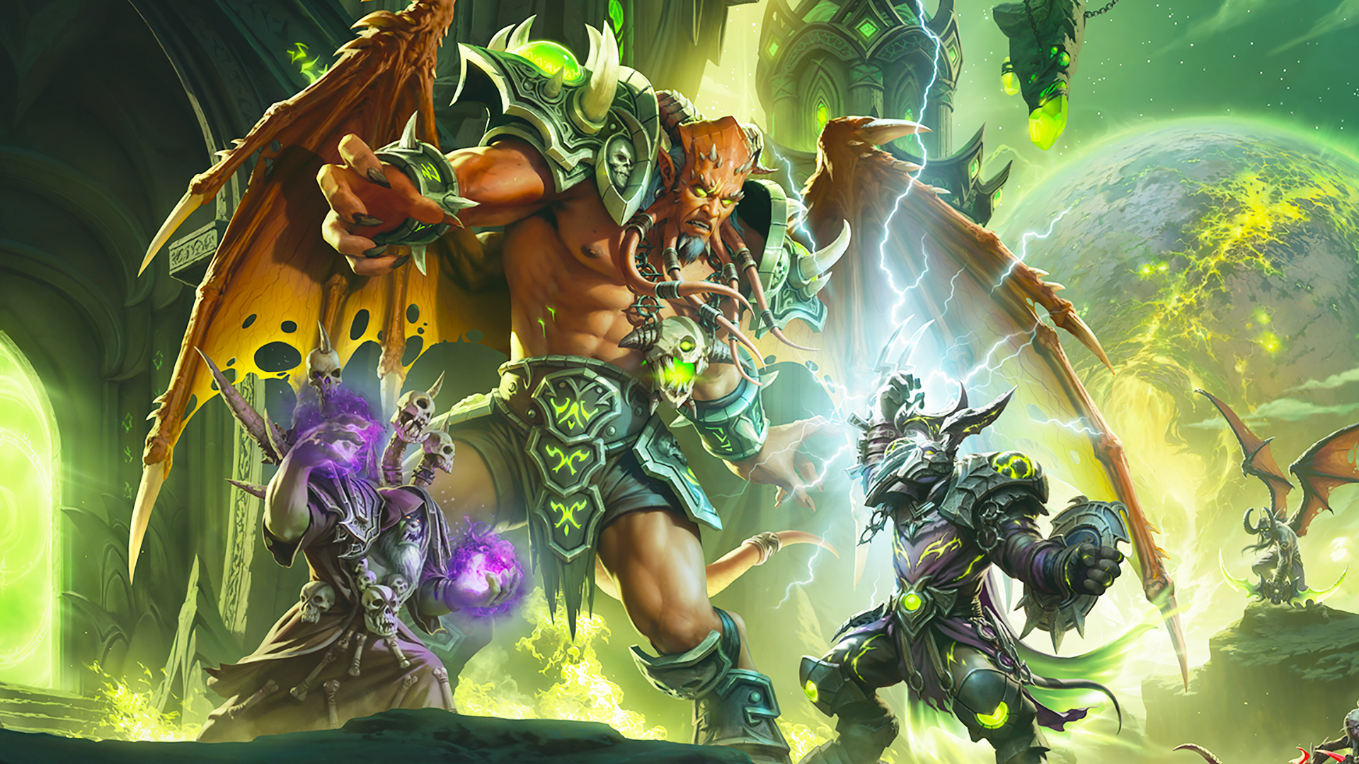 A massive winged humanoid alien from World of Warcraft Legion battles two spellcasters on a bright green background.