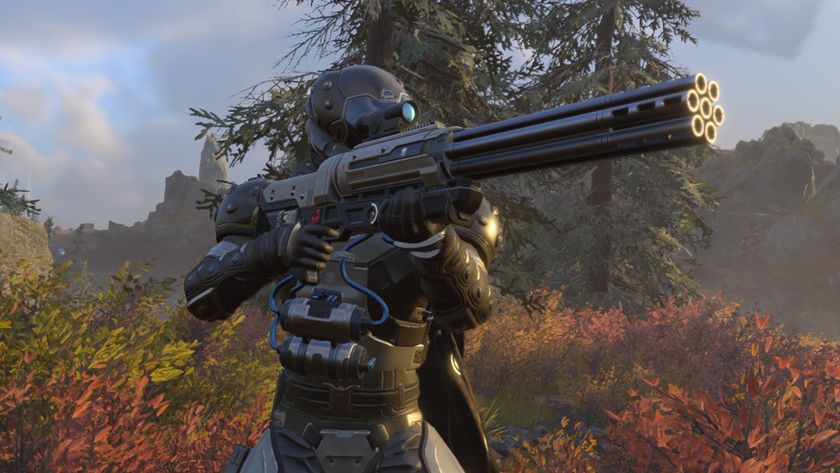 A Helldiver wielding a VG-70 Variable primary weapon from the Control Group warbond.